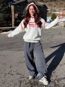 Abrilcols Women's Fashion Casual Minimalist Romantic Daily Versatile Contrast Color Letter Hoodie Sweatshirt Pullover Fall, Christmas - Grey - View 5