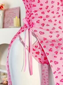 PetitDoll 情人节爱心印花网纱性感睡裙配蝴蝶结+丁字裤两件套