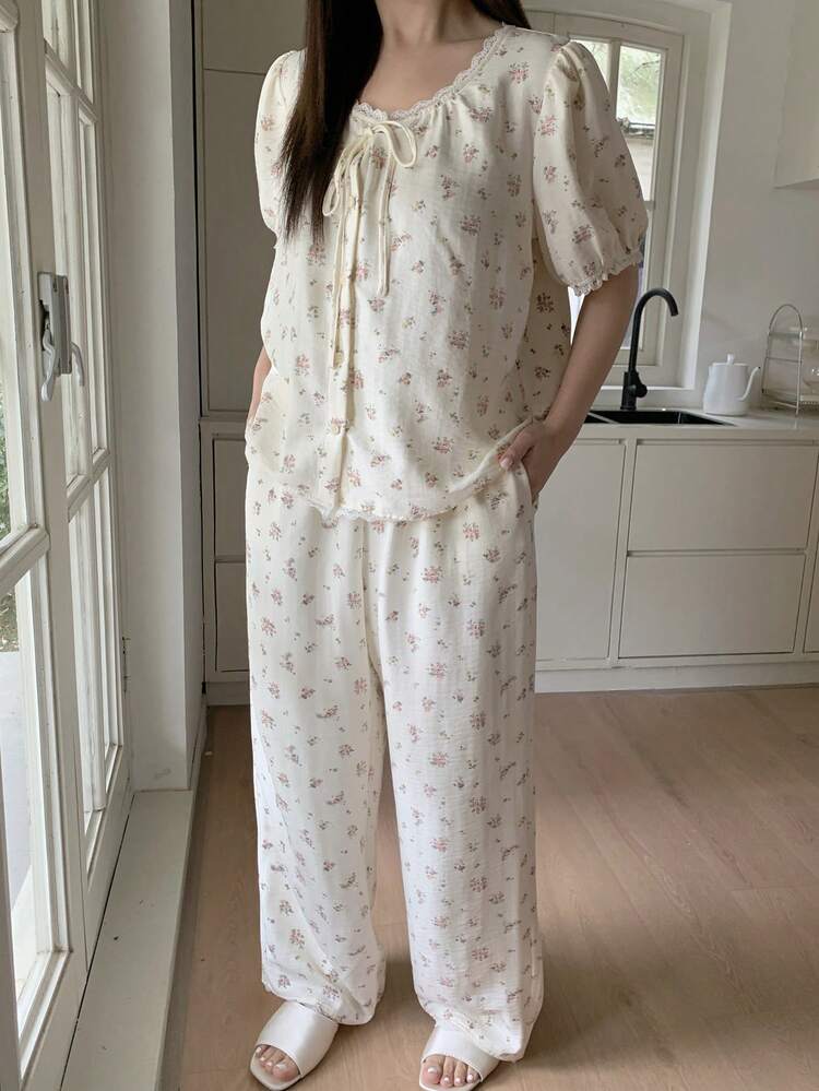 Dazy Plus 2pcs Ditsy Floral Loose Short Sleeve Drawstring Tie Top And Long Pants Pajama Set, Elegant Sleepwear