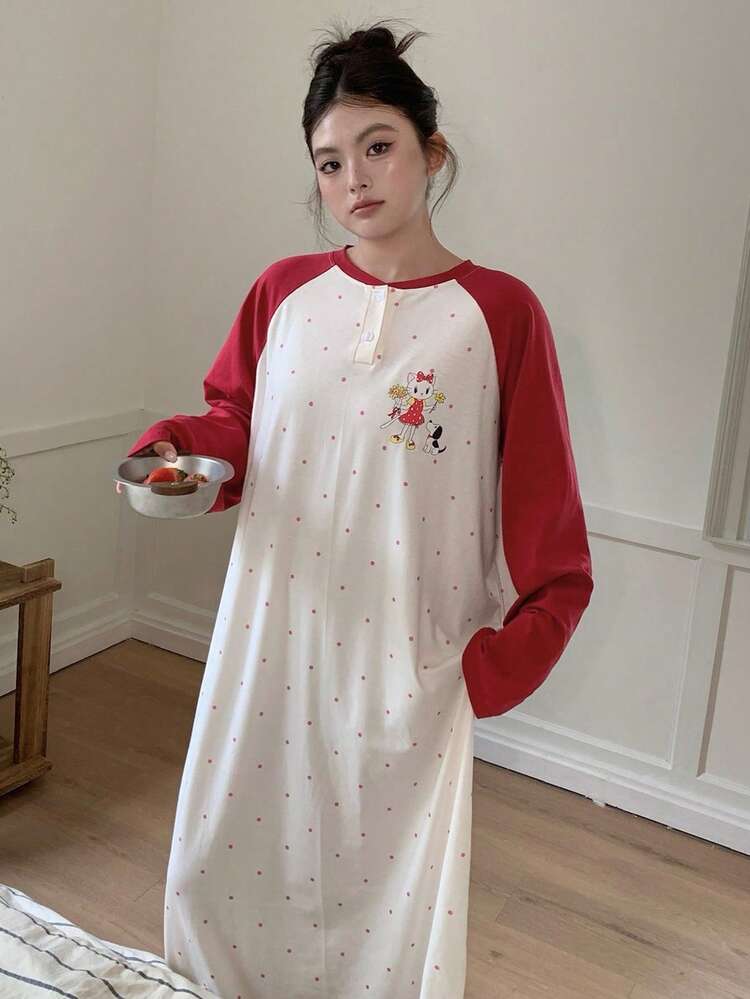 Dazy Plus Colorblock Patchwork Cute Print Polka Dot Round Neck Casual Loose Straight Fit Nightgown Loungewear