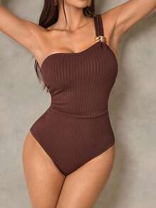 Shapewave 1pc Women's One-Piece Swimsuit With Tummy Control, Detachable Shoulder Strap, Textured Metal Buckle, Slim Fit, Brown - Brown - View 5