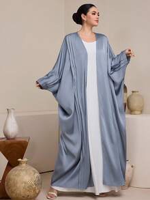 Graceveil Robe élégante et digne avec des bretelles croisées, un design drapé plissé à double couche. Décoration plissée en tissu satin doux et confortable. Abaya ample de style arabe - Bleu azur - Voir 6