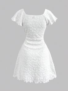 SHEIN Girlism 少女休闲度假复古优雅碎花针织提花3D蝴蝶结装饰褶皱荷叶边腰部A字短袖连衣裙，白色 - 白色 - 查看 2