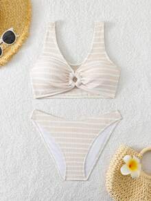 SHEIN Teen Girl Pastel Wavy Ribbed Adorable Front Decor Beach Vacation Bikini Set,Kids - Apricot - View 2