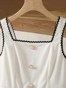 SHEIN Vestido sin mangas con cuello cuadrado, botones metálicos y volantes en bloques de color para adolescentes - Blanco - Ver 3