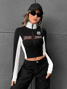 SHEIN EZwear 秋冬季字母图案双色拉链短款夹克 - 黑色 - 查看 3