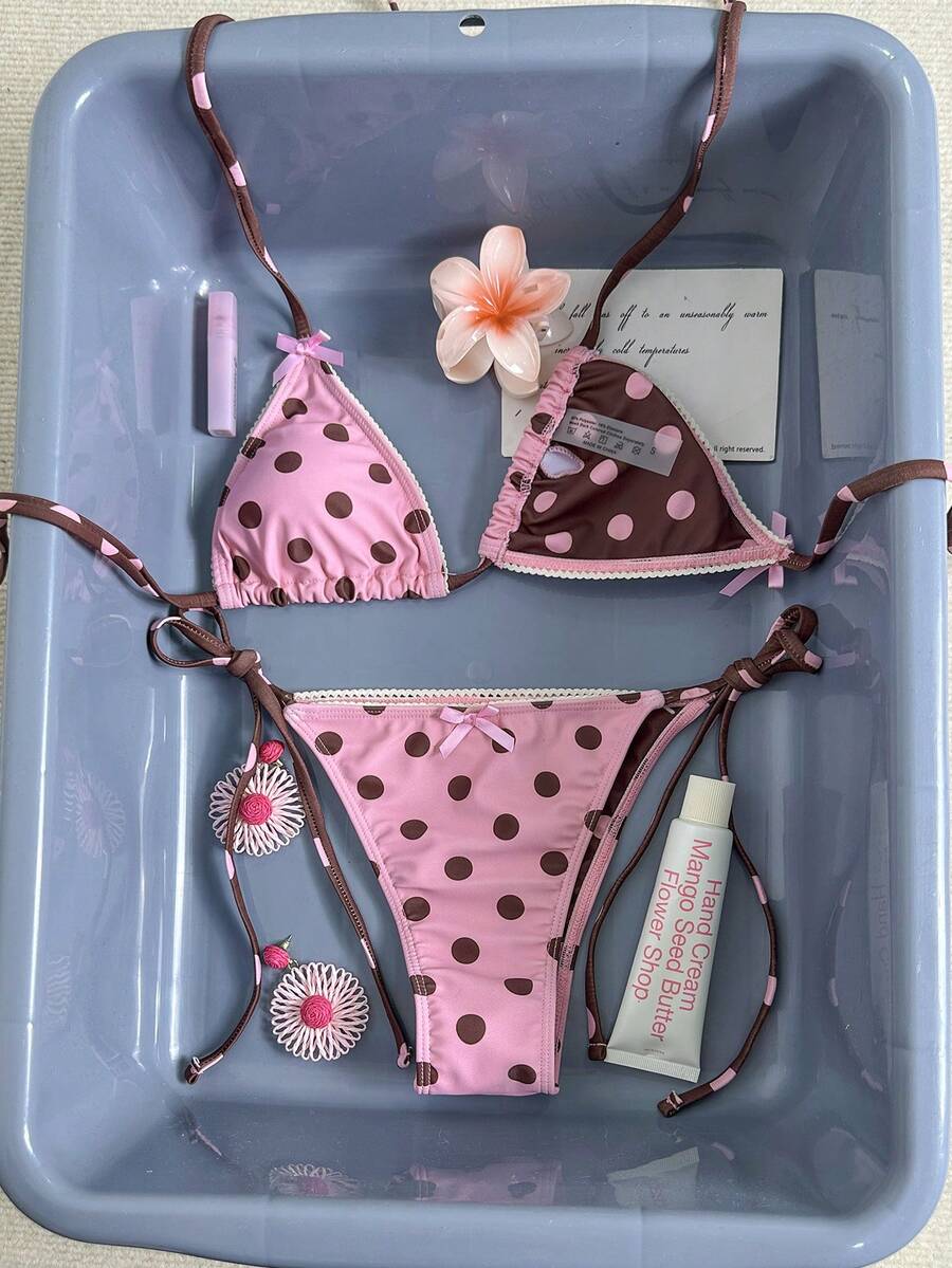 Swim Mod Women's Polka Dot Triangle Soft Cup Neck Tie Set - Hot Pink - View 1