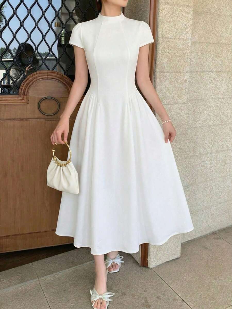 SHEIN Teen Girl Elegant Fitted Short Sleeve Waist-Cinching Solid Color Long Dress Teen Girl - White - View 1