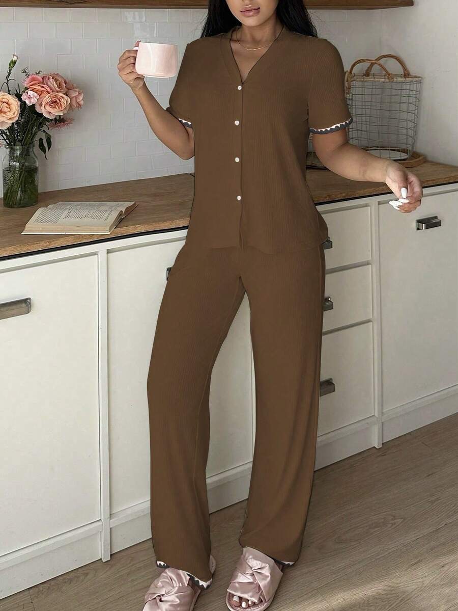 两件套女士休闲撞色家居服套装 - 棕色 - 查看 1