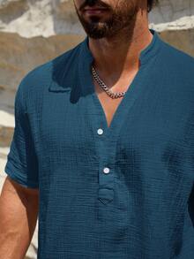 HIMLAND 男士休闲日常通勤简约纯色V领短袖上衣，夏季 - 藍色 - 查看 5