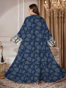 SHEIN Najma Plus Size Women's Floral Textured Oil Painting & Pattern Print Long Sleeve Casual Abaya Cardigan Maxi Jacket, Spring/Autumn - Multicolor - View 2