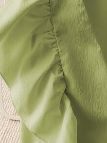 Franclia 女士甜美法式短袖V领荷叶边下摆系带露脐上衣，春夏款 - 綠色 - 查看 4