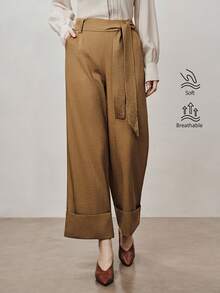 Aalyst Pantalones rectos de pierna ancha y cintura alta para mujer, de tela tejida, pantalones elegantes de negocios casuales para oficina, viajes, salidas y reuniones, para otoño/invierno/primavera - Marrón - Ver 6