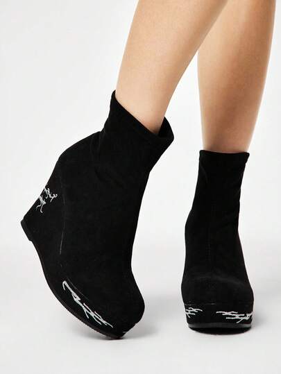 ROMWE 1 Pair Women's Thick Platform Wedge High Heel Ankle Boots, Punk Style Solid Color Fabric Upper With Retro Embroidery, Suitable For Autumn/Winter Valentine's Day