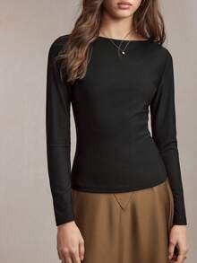 BizChic 2026 Spring New Black Backless Bow Hollow Design Off-Shoulder Fashionable Minimalist Daily Wear, Layerable, Versatile Women T-Shirt Knit Top, Chic, Elegant For Party, Urban Commute, Workplace