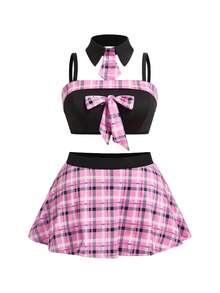 Fantasy Costume 4pcs Valentine's Day Milk Silk Detachable Transparent Strap Bow Plus Size Lingerie Set - Multicolor - View 3