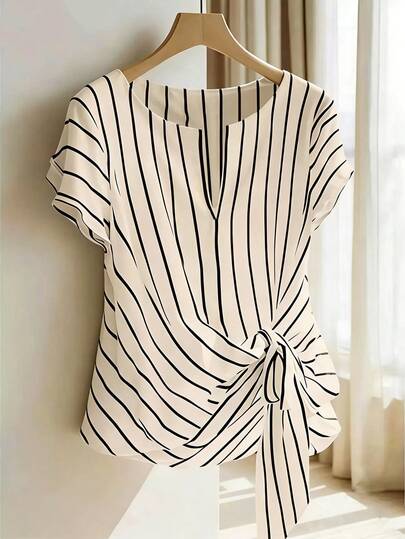 Franclia Striped Tie-Up Short Sleeve Casual Blouse For Women