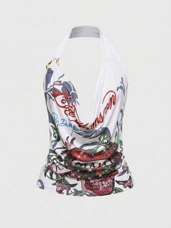 Grunge Punk Top senza maniche con scollo profondo e drappeggiato in stile Y2K retrò e sexy, con stampe di teschi, viti e cuori con strass per le donne