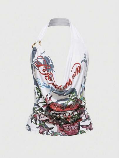 Grunge Punk Top sin mangas con cuello profundo drapeado y estampados de calavera, enredadera y corazón con strass, estilo retro Y2K sexy para mujeres