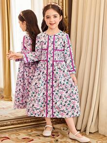 Young Girl Floral Print Round Neck Shirred Long Sleeve Dress - Multicolor - View 5