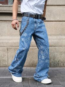 Manfinity EMRG 男士提花直筒喇叭牛仔裤 - 中等水洗藍 - 查看 4