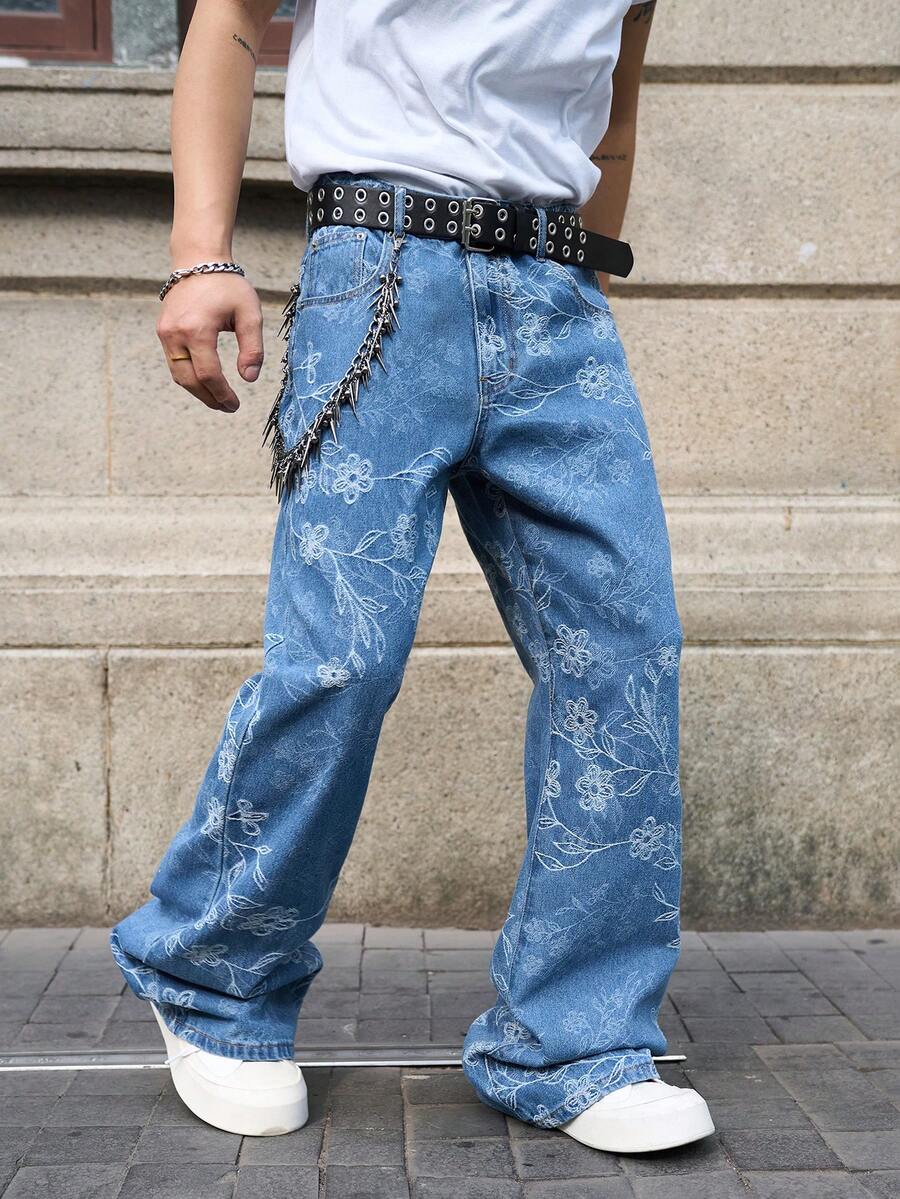 Manfinity EMRG Men's Jacquard Straight Leg Flare Jeans - Medium Wash - View 1