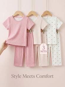 SHEIN Playful Pals 3件套女童夏季套装，女婴短袖波点休闲时尚套装