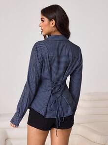 Aidyla 女士格子纽扣长袖衬衫，后背系带，通勤和街头服饰皆宜 - 藍白色 - 查看 3