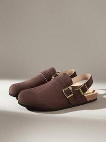 Solecia نعال نسائية جديدة نصف حزمة، مصنوعة من مادة مخملية مقلدة، مع تصميم حزام كعب، مريحة وشاملة، مناسبة للاستخدام في المنزل أو للتسوق. - بني كستنائي - مشاهدة 2