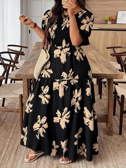 Elenzga Vestido elegante de talla grande con estampado floral en blanco y negro, mangas abullonadas, volantes fruncidos en el bajo, vestido maxi azul real con mangas farol y fruncido