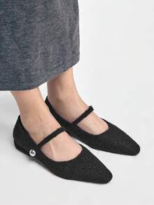 Mnmlis 女士新款灰色法式低跟尖头简约时尚羊毛玛丽珍鞋 - 夜黑 - 查看 2