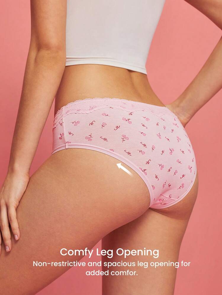 3-Pack Soft Cotton Basic Floral Print Lace Trim Mid-Waist Underwear Cheeky