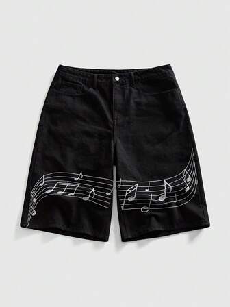 Street Life Short en jean à jambe large avec notes de musique brodées pour hommes