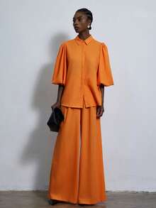 Aveloria Modichic Fashionable Design Sense, Versatile And Stylish Casual Wear, Modern Vacation Wear, A Bright Orange Lapel Puff-Sleeved Cardigan, Loose Pleated Long Pants Set, Ladies' Two-Piece Set - Orange - View 1