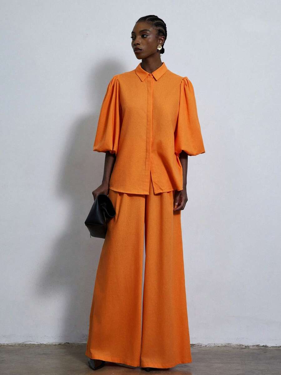 Aveloria Modichic Fashionable Design Sense, Versatile And Stylish Casual Wear, Modern Vacation Wear, A Bright Orange Lapel Puff-Sleeved Cardigan, Loose Pleated Long Pants Set, Ladies' Two-Piece Set - Orange - View 1