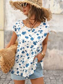 Brillora Women's Elegant Romantic Vacation Print Blouse Short Sleeve Summer Tops Women Summer Blouse Top Flower Tops For Women Cotton Tops Women Summer Summer Casual Tops,Women's Elegant Clothing For Spring To Summer