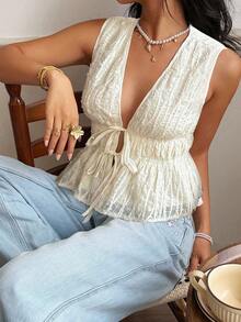 Serisse 女士Y2K风格前系带荷叶边性感时尚无袖上衣，女士提花深V领系带腰荷叶边性感时尚上衣，夏季优雅花卉刺绣系带前系带上衣——浪漫别致的夏季休闲春夏海滩外出上衣，女士优雅衬衫，女士度假白色上衣，度假村 - 米色 - 查看 8
