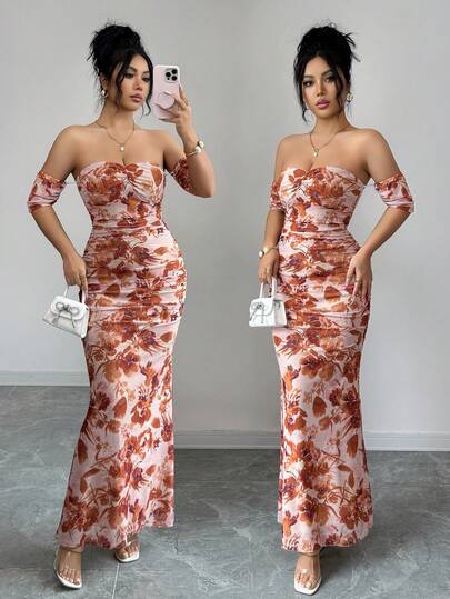 Elenzga Women's Elegant Vacation Dress, Knitted Mesh Printed Off Shoulder Backless Ruched Bodycon Dress, Summer