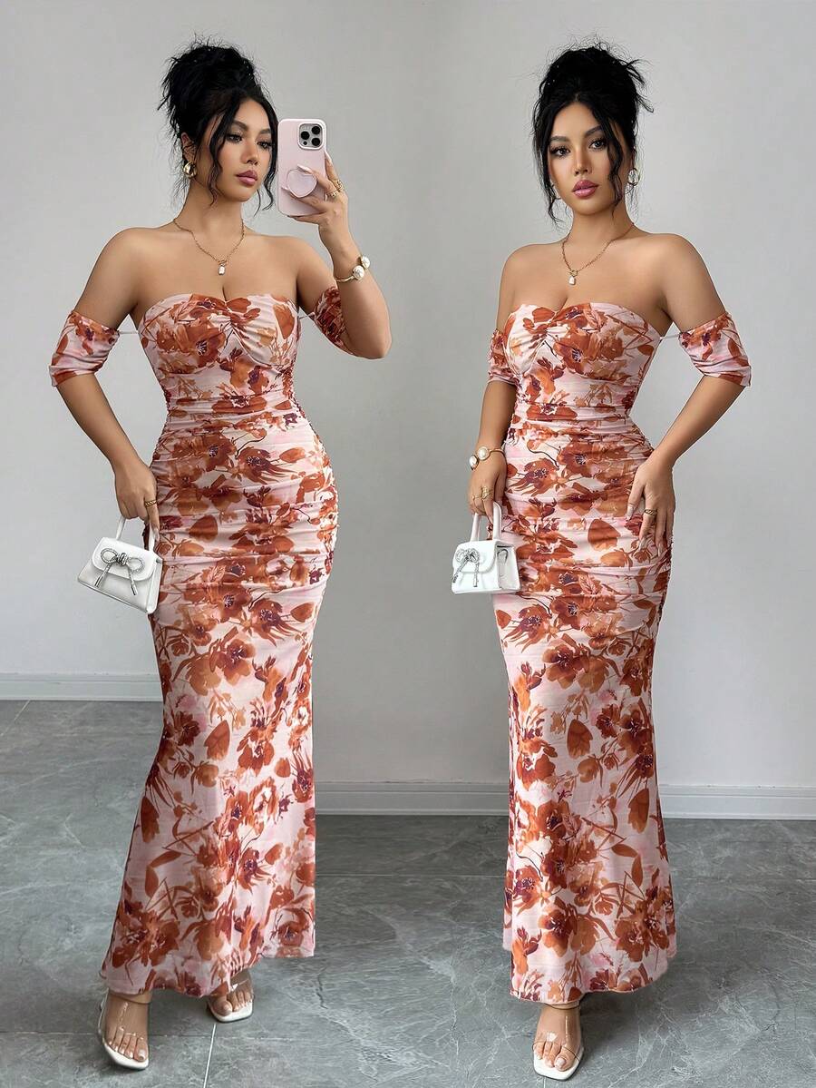 Elenzga Women's Elegant Vacation Dress, Knitted Mesh Printed Off Shoulder Backless Ruched Bodycon Dress, Summer - Coffee - View 1