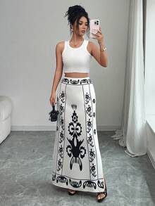 SHEIN Elenzya Falda larga con estampado elegante de patrón de Oriente Medio para mujeres - Multicolor - Ver 1