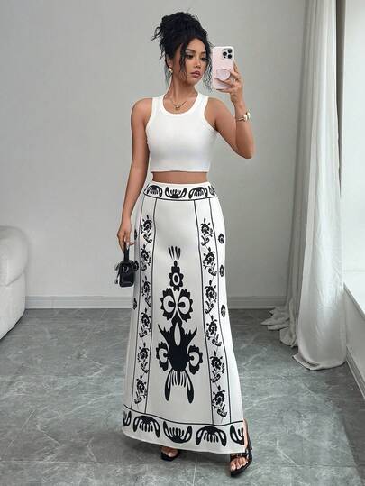 SHEIN Elenzya Falda larga con estampado elegante de patrón de Oriente Medio para mujeres