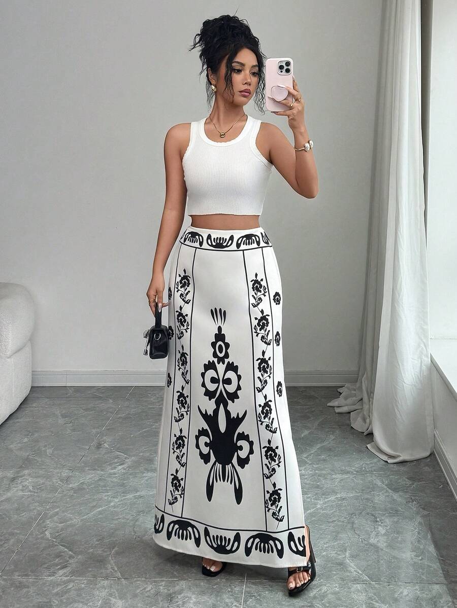 SHEIN Elenzya Falda larga con estampado elegante de patrón de Oriente Medio para mujeres - Multicolor - Ver 1