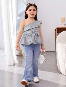 SHEIN Young Girl Cute Asymmetric Striped One-Shoulder Blouse With Large Bow, Young Girl - Black and White - View 5