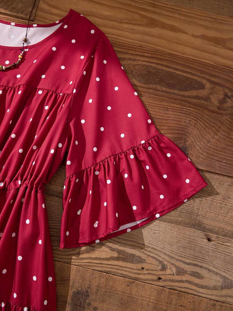 Plus Size Women Polka Dot Print Round Neck Ruffle Sleeve Waist Tie Casual Dress,Vacation/Summer/Spring Country Style For Women Summer Holiday Outfits Spring Break Outfits Floral Dress  Fall Dresses Red Polka Dot Dress