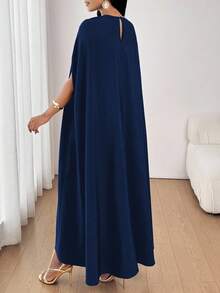 SHEIN Lady 女士优雅派对网眼拼布斗篷袖连衣裙 - 藏蓝色 - 查看 2