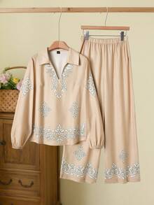 Rusticease Women's Floral Print Lantern Sleeve Top And Wide Leg Pants Casual Outfit - Apricot - View 3