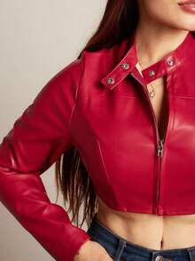 Lupita Cardoza 女士秋冬街头服饰 狂欢嬉皮运动休闲 Y2K 基本款皮革舒适拉链勃艮第红色修身短款长袖夹克 - 紅色 - 查看 3