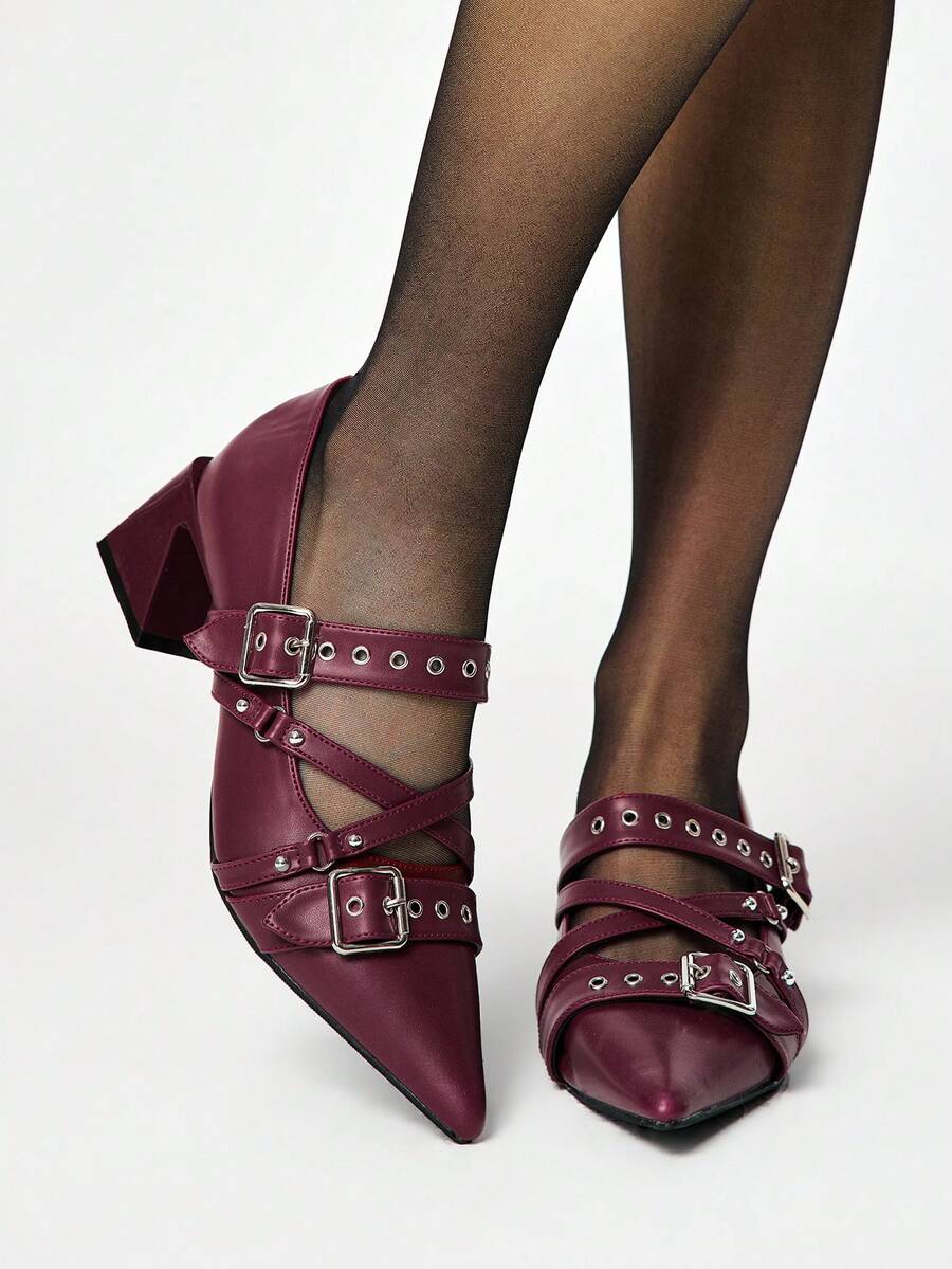 ROMWE Grunge Punk Elegant Pointed Toe Chunky Heel Lacquer Leather Pumps Valentine's Day - Red - View 1