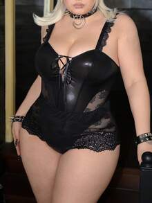 AltCore 1 bộ jumpsuit cỡ lớn phối ren, phong cách punk cổ điển, gợi cảm. - màu đen - Xem 4