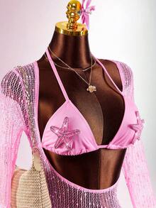Amplova Women's Romantic Pink Beach Starfish Bikini With Sheer Cover-Up Set - Pink - View 5